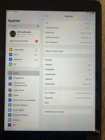 Printerlər: Apple iPad (9-cu nəsil) modeli, 256 GB yaddaş ilə təchiz olunmuşdur