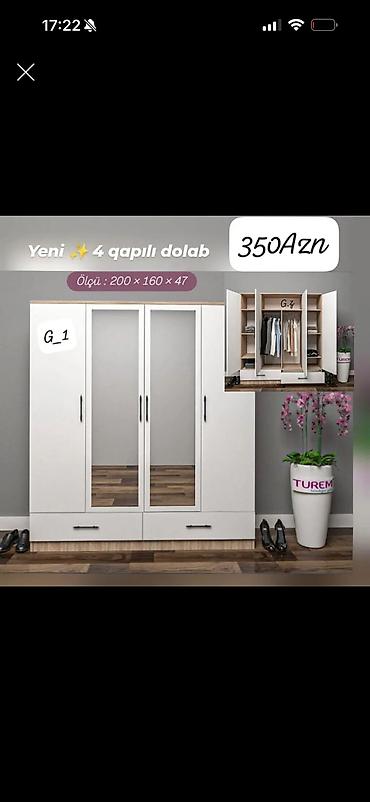 4 qapılı paltar dolabı - Ölçü: 200 × 160 × 47 sm - Rəng: ağ (açıq
