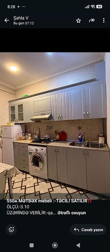 077 613 12 74 Mətbəx mebeli dəsti – 3.10 m - Rəng: açıq boz - Üst və