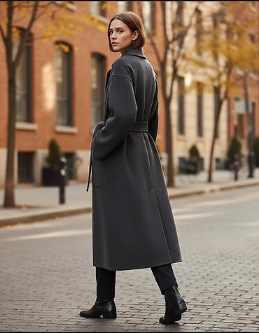 Пальто: Женское пальто-халат темно-серого цвета - Крой: свободный, длина — 1