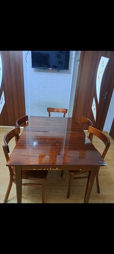 iki neferlik yazi masasi: Для кухни, Б/у, Раскладной, Прямоугольный стол, 6 стульев