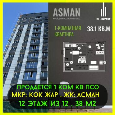 Продажа квартир: 1 комната, 38 м², Элитка, 12 этаж, ПСО (под самоотделку)