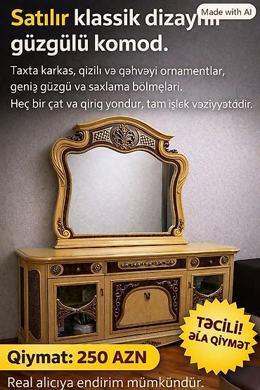 skaf satilir: Satılır klassik dizaynlı güzgülü komod. Taxta karkas, qızılı və — 1
