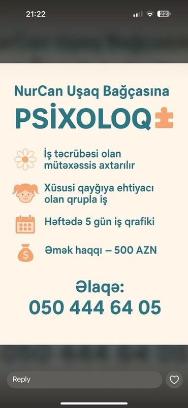 Ev personalı və təmizlik: Vakansiya: Uşaq bağçasına psixoloq - NurCan Uşaq Bağçası üçün iş