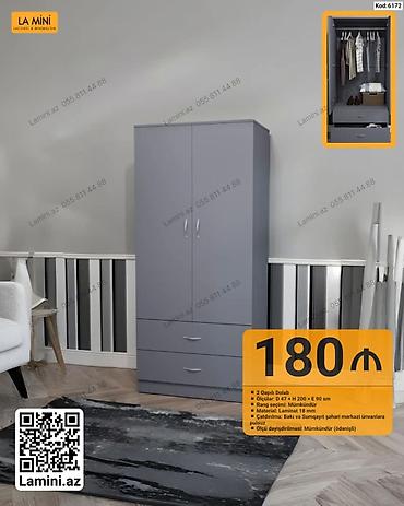 Dolablar: 2 qapılı dolab. Ölçüləri: dərinlik 47 sm, hündürlük 200 sm, en 90 sm — 1