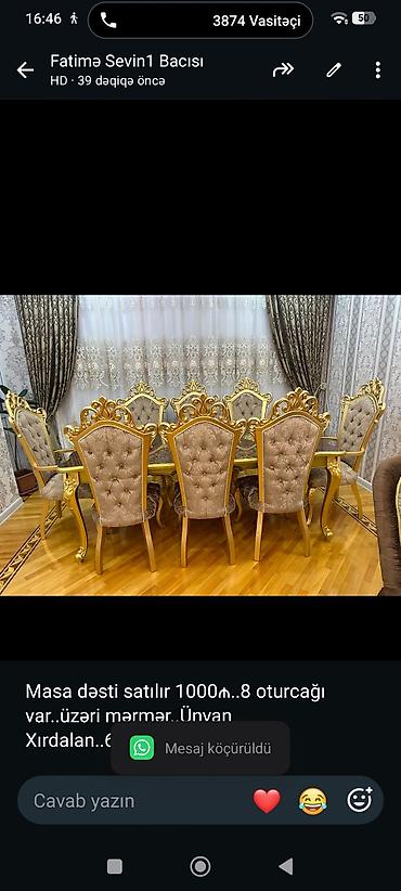 Masa dəsti satılır 1000₼. 8 oturcağı var. üzəri mərmər. Ünvan lalafo.az -da Masa dəsti satılır 1000₼. 8 oturcağı var. üzəri mərmər. Ünvan