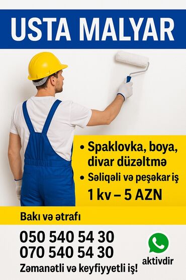 Digər tikinti xidmətləri: Divar səthlərinin spaklovka, boya və digər təmir işləri üçün peşəkar