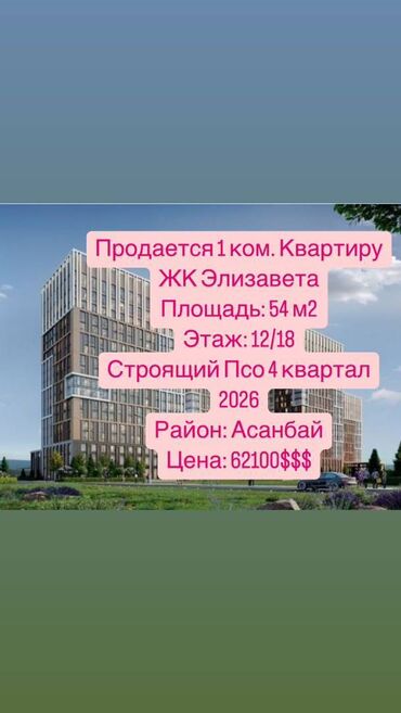 токмок 1ком квартира: 1 бөлмө, 54 кв. м, Элитка, 12 кабат, ПСО (өзү оңдоп түзөтүп бүтүү үчүн)