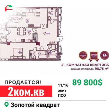 Продажа участков: 2 комнаты, 90 м², Элитка, 11 этаж, ПСО (под самоотделку)