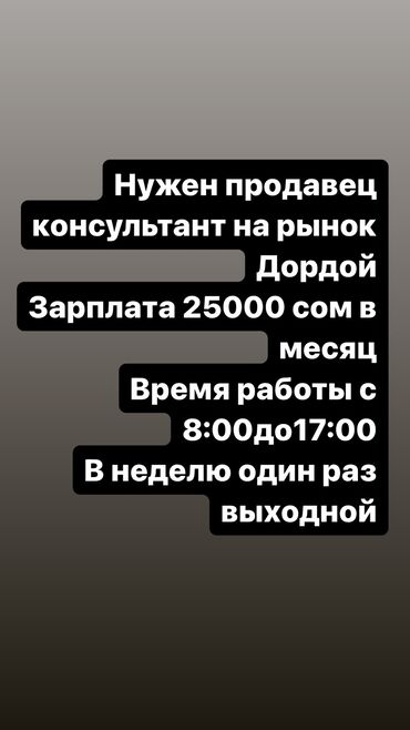 Другие специальности: Нужен продавец консультант на рынок Дордой Зарплата 25000в месяц