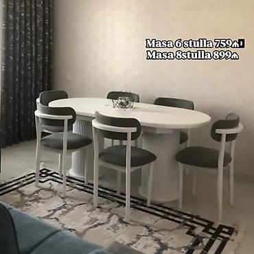 Oval formalı yemək masası dəsti – müasir dizayn, ağ rəngli masa və