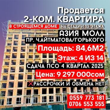 недвижимость в токмоке: 2 комнаты, 84 м², Элитка, 4 этаж, ПСО (под самоотделку)