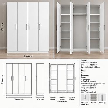 örtük: 4 qapılı ağ paltar dolabı Ölçülər: - Hündürlük: 2100 mm - Eni: 1600 — 1