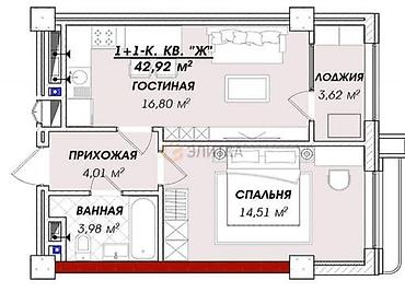 asman residence: 1 комната, 44 м², Азия Молл Элитка, 12 этаж, ПСО (под самоотделку) — 3