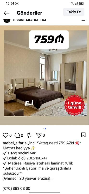 Yataq dəsti – 759 AZN Tərkib: - Çarpayı - İki tumbочка - Paltar