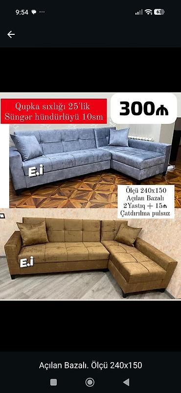 kunc diva: Künc divan – açılan bazalı - Ölçü: 240×150 sm - Qupka sıxlığı: 25-lik — 1