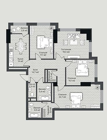 Продажа квартир: 3 комнаты, 125 м², Асанбай мкр Элитка, 20 этаж, ПСО (под самоотделку) — 3