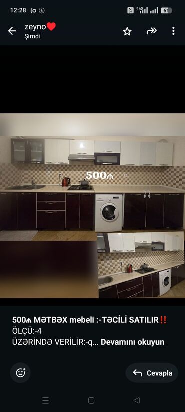 Mətbəx mebeli: *500₼ MƏTBƏX mebeli :-TƏCİLİ SATILIR*‼️ ÖLÇÜ:-4 ÜZƏRİNDƏ VERİLİR:-qaz
