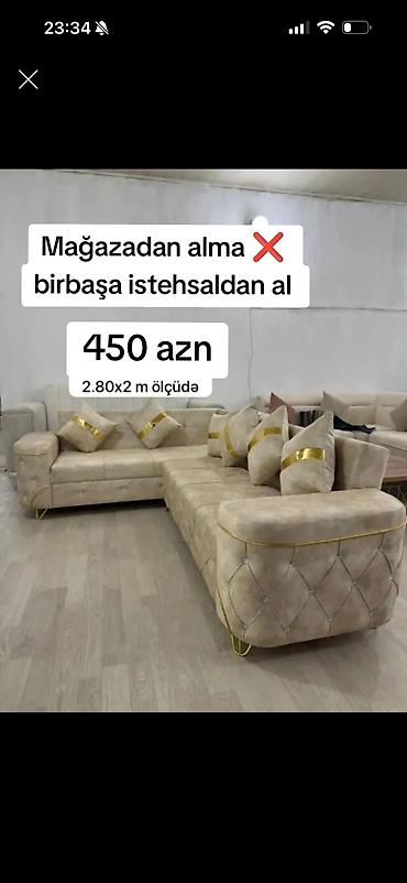 Künc divan dəsti – zərif bej rəngli, qızılı detallar ilə Ölçü: 2.80 x