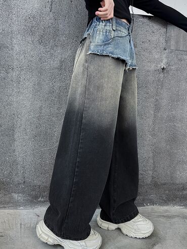 черные рваные джинсы: Палаццо, Китай, Высокая талия, Рваные, С разрезом