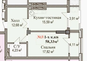 студийный паралон: 2 бөлмө, 58 кв. м, Элитка, 7 кабат, ПСО (өзү оңдоп түзөтүп бүтүү үчүн)