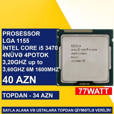Videokartlar: Prosessor Intel Core i5 Prosessor “LGA 1155 (3cü nəsil) İntel Core i5 3470”, 4 nüvə, İşlənmiş