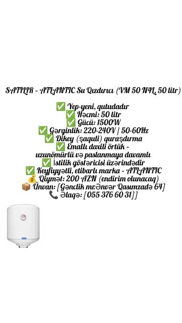 Digər texnika: Bu Atlantic su qızdırıcısı, VM 50 NL modelidir və 50 litr həcmə