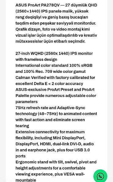 printer rengleri satisi: ASUS ProArt PA278QV — 27" 2K QHD IPS Professional Monitor Qiymət: 550 — 2