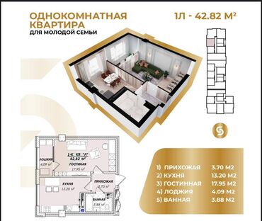 1 комнатная квартира азия молл: 1 комната, 43 м², Элитка, 7 этаж, ПСО (под самоотделку)