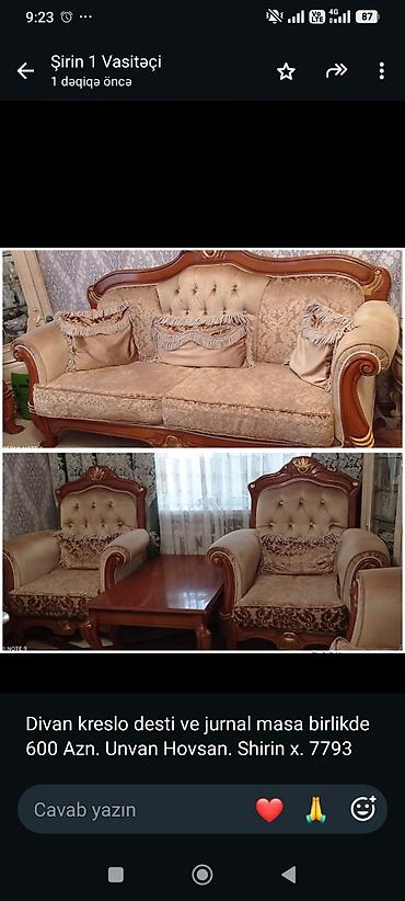 Divan kreslo desti ve jurnal masa birlikde 600 Azn. Unvan Hovsan