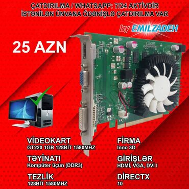 Masaüstü kompüterlər və iş stansiyaları: Videokart INNO3D GeForce GT 220, < 4 GB, İşlənmiş