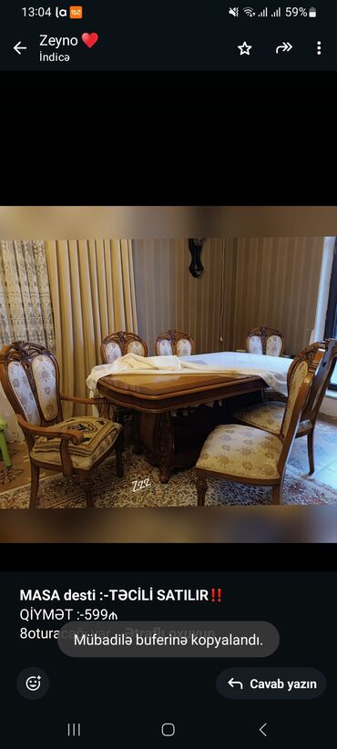 Mətbəx mebeli: *MASA desti :-TƏCİLİ SATILIR‼️* QİYMƏT :-599₼ 8oturacağı var