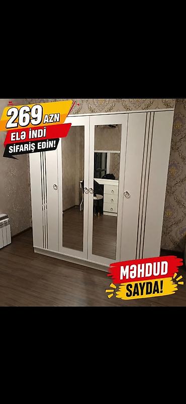 divar saat sekilleri: Ağ rəngdə 4 qapılı paltar şkafı - İki orta qapıda tam ölçülü güzgülər — 1