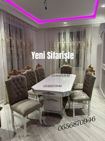 Masa və oturacaq dəstləri: Qonaq otağı üçün, Yeni, Açılmayan, Dördbucaq masa, 6 stul — 9