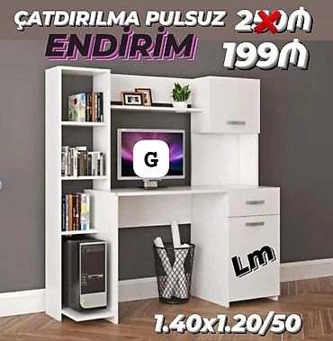 Kompyuter/iş masası ilə kitab rəfi və dolablı modul - Rəng: ağ -