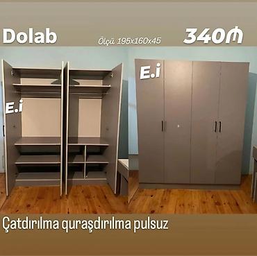 balaca skaf: Dolab – 3 qapılı, tutacaqlı, boz rəng. Ölçü: 195×160×45 sm. Daxili — 1
