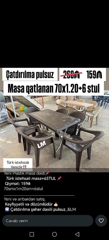 turka: Yeni, Dördbucaq masa, 6 stul, Qatlanan, Stullar ilə, Plastik, Türkiyə — 1