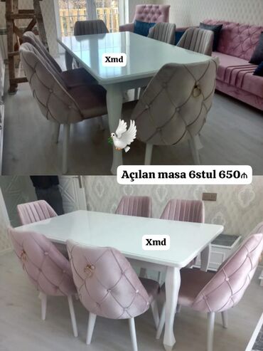 стеклянный стол на кухню купить: Qonaq otağı üçün, Yeni, Açılan, Dördbucaq masa, 6 stul