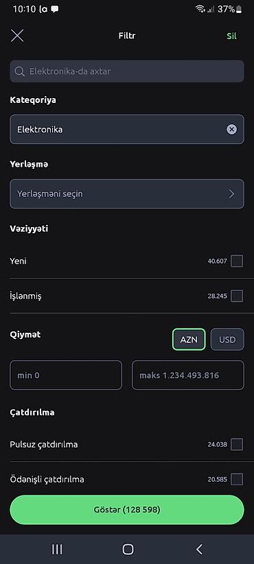 su cəni kredit: Məhsul: Mobil tətbiqdə “Elektronika” kateqoriyası üçün filtr ekranı — 1