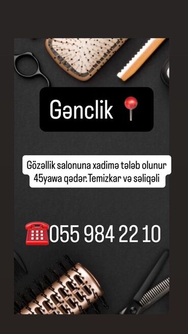 Ev personalı və təmizlik: Xadimə tələb olunur, 30-45 yaş, 1 ildən az təcrübə, 6/1, Aylıq ödəniş
