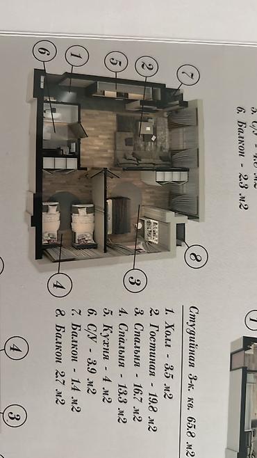 квартира в клубном доме: 3 комнаты, 65 м², Киргизия 1 Элитка, 6 этаж — 2