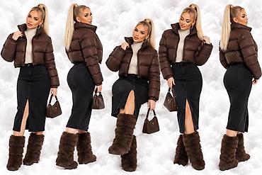 jakne perjane zenske: Ženska kraća puffer jakna – tamno braon - Krojen kratki model do — 2