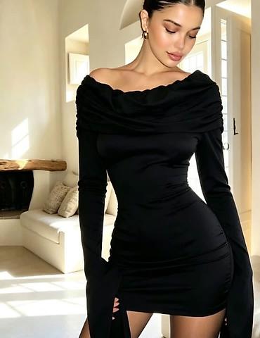 figaro cene: Mini haljina off-shoulder zvonasti rukavi, crna bordo siva braon, nova — 1