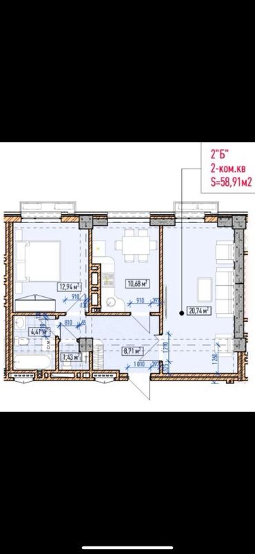 франсузкий квартал: 2 комнаты, 58 м², Элитка, 3 этаж, ПСО (под самоотделку)