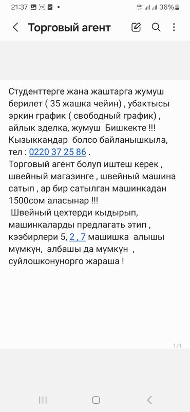 Торговые агенты: Студенттерге жана жаштарга жумуш берилет ( 35 жашка чейин) убактысы