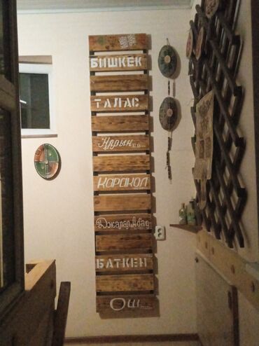 трафареты для декора стен: Деревянная вывеска с названиями областей Кыргызстана и их расстояние