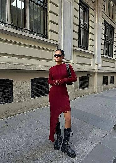 Haljine: Asimetrična rebrasta pletena haljina - Model: uska silueta, dugi — 4