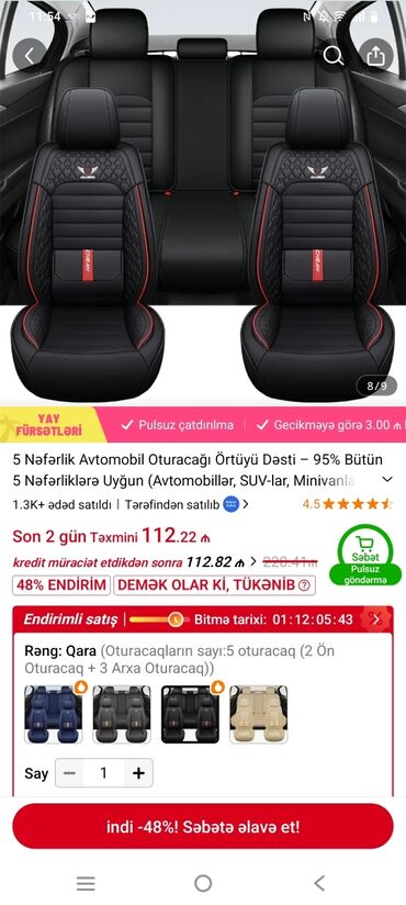 Avtomobil üçün alətlər: 5 nəfərlik avtomobil oturacaq üzlükləri dəsti. Qara rəngdə olan bu
