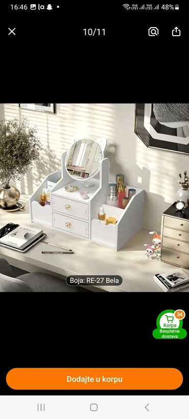 Neseseri: Organizator za kozmetiku u beloj boji sa ogledalom. Poseduje dve fioke — 2