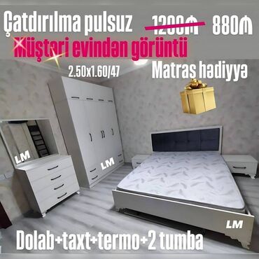 masa ve oturacag: 2 təknəfərlik çarpayı, Dolab, Termo, 2 tumba, Yeni